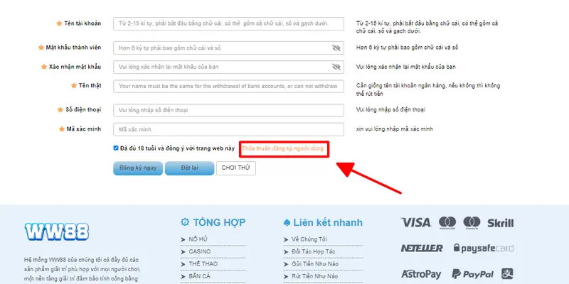 Tất cả điều khoản do hệ thống cung cấp bên dưới, xác nhận bản thân đã đủ 18 tuổi